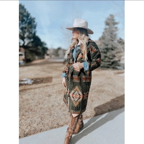 Driftwood Coat Rowan Jacket Long Aztec Western Teepee Boho Green Small - Picture 3 of 14